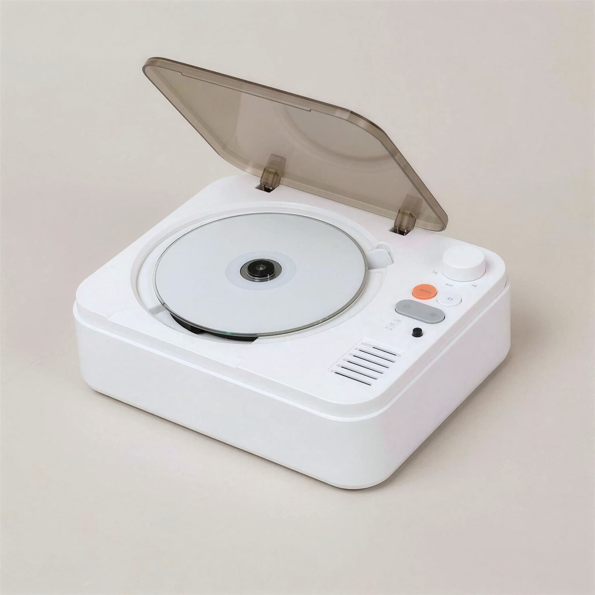 화이트 플랫 CD 플레이어, 덮개를 연 모습